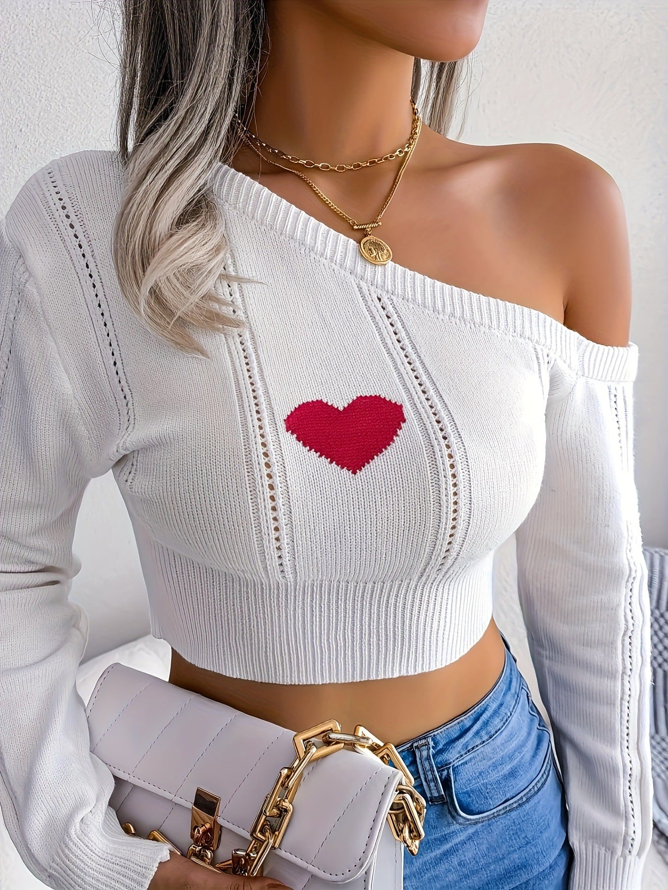 Bare Shoulders Knitted Sweater Women Long Sleeve Short Pullover Clothes