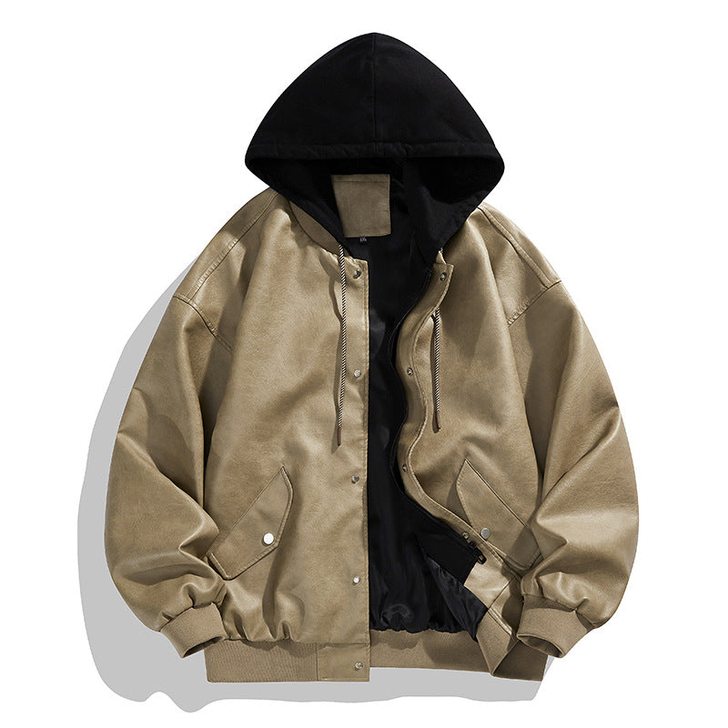 Fake Two-piece High Street Cool Retro Leather Jacket For Men