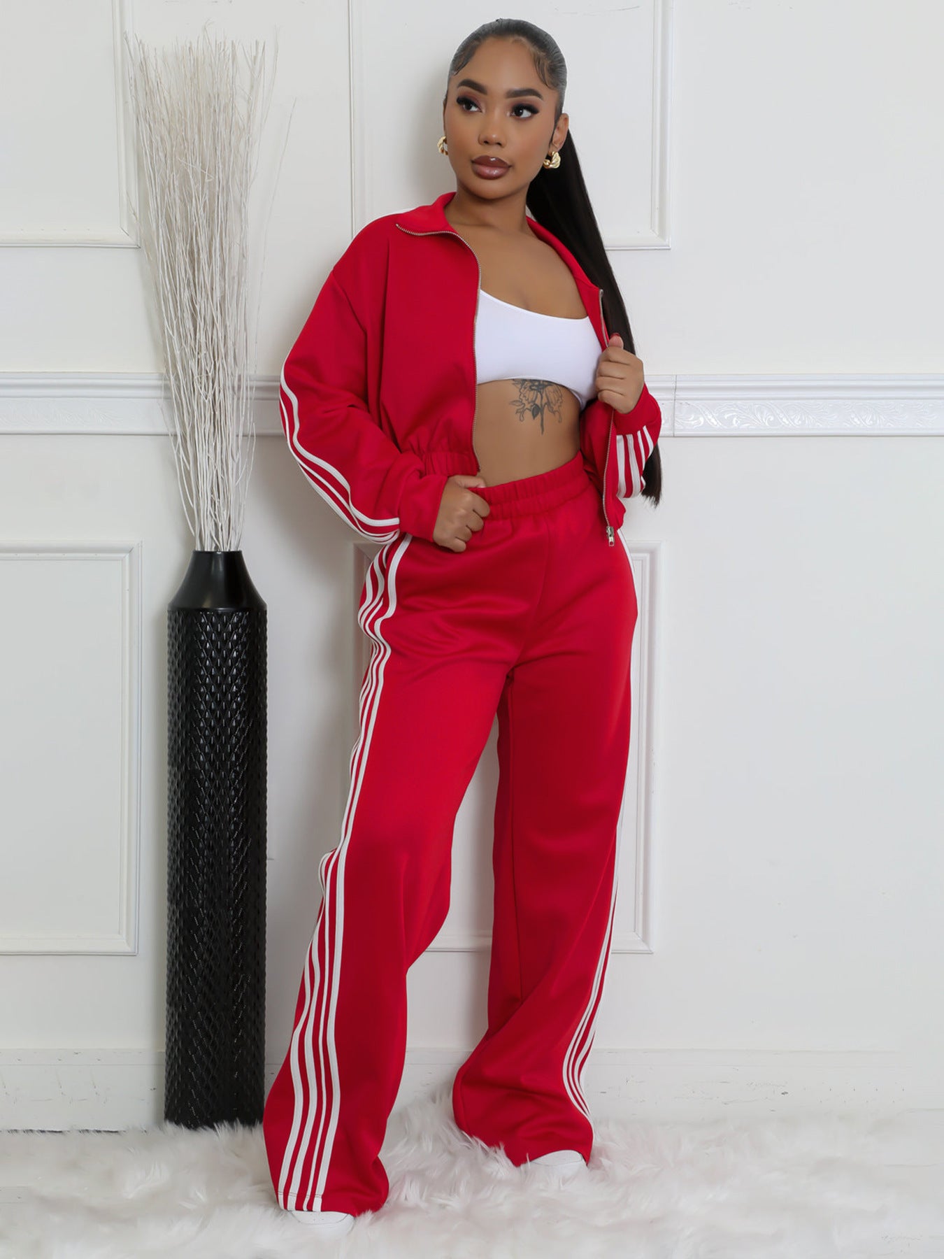 Striped Suit Zipper Thickening Sweater Leisure Commute Two-piece Set